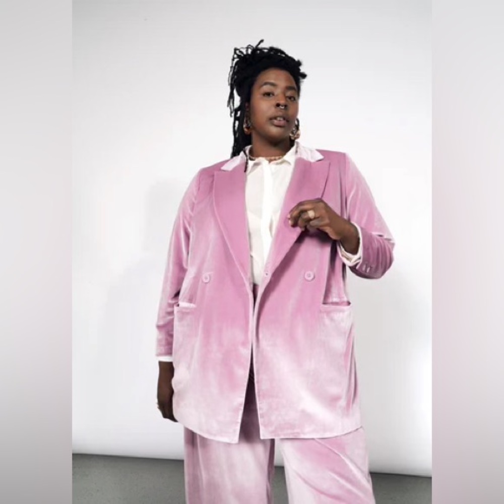 Wildfang Velvet Pink Empower Slim Crop Pant and Matching Double-Breasted Blazer